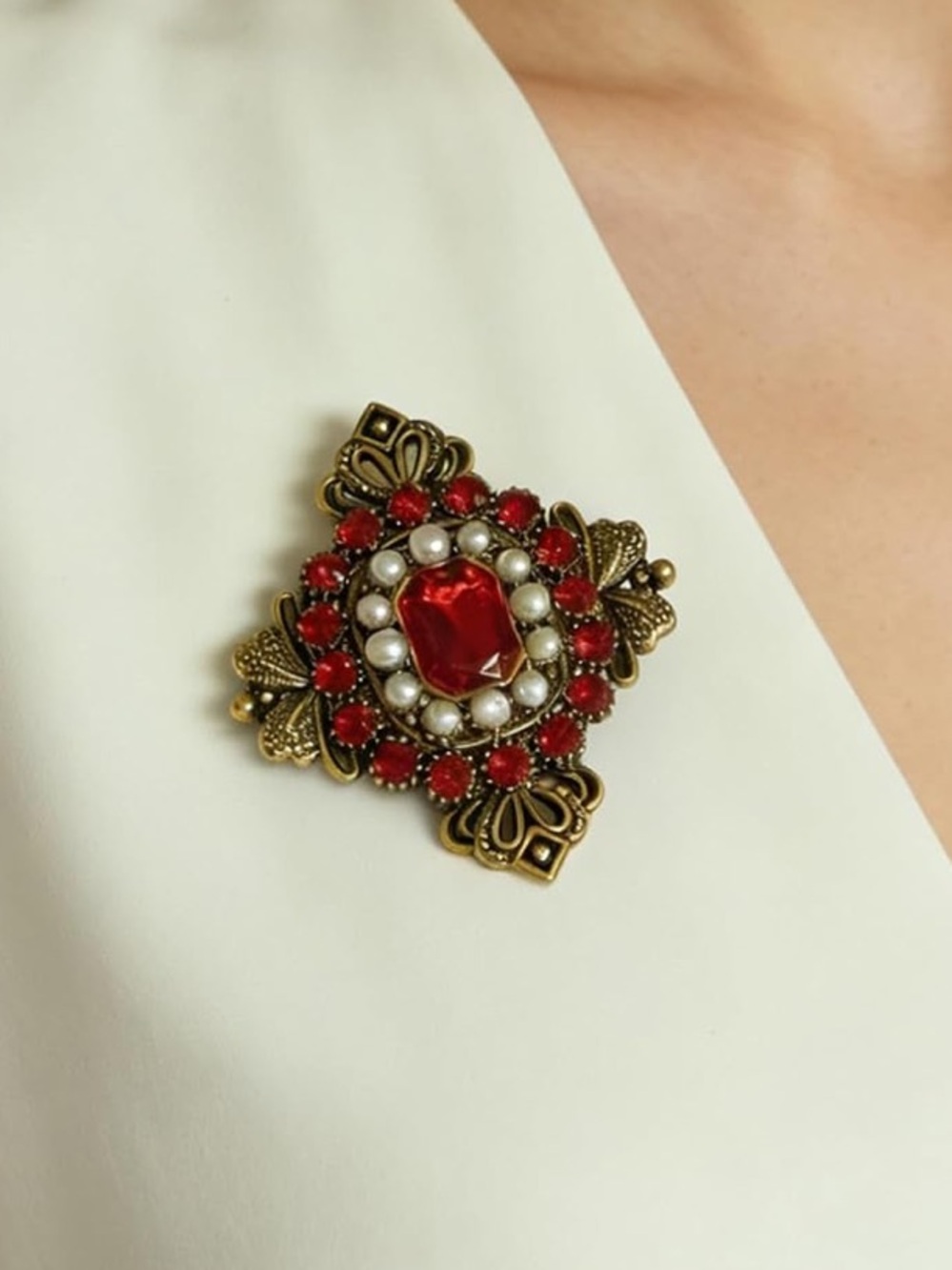 Anthropologie Gold-Tone Brooch with Red Crystals and Pearl Accents - Picture 3 of 5